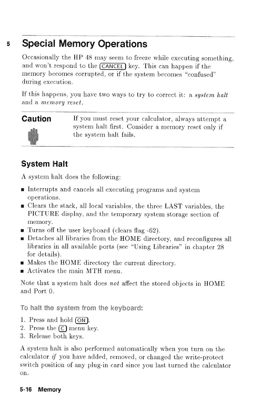 5 special memory operations, Special memory operations -16, Caution | System halt | HP 48g Graphing Calculator User Manual | Page 74 / 612