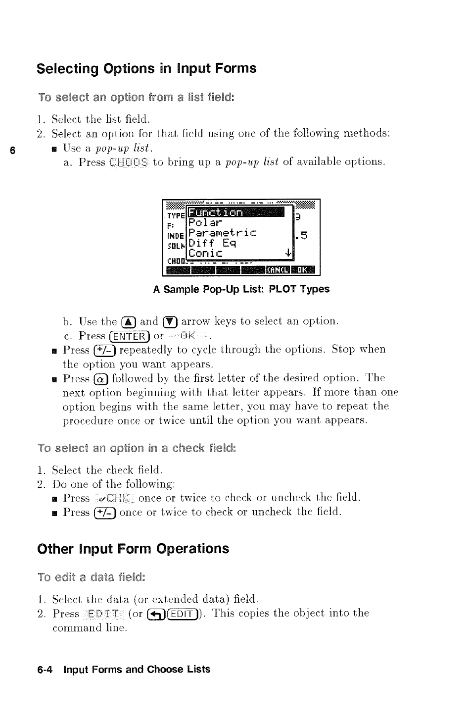 A sample pop-up list: plot types, Selecting, Options in input forms | Other input form operations | HP 48g Graphing Calculator User Manual | Page 82 / 612