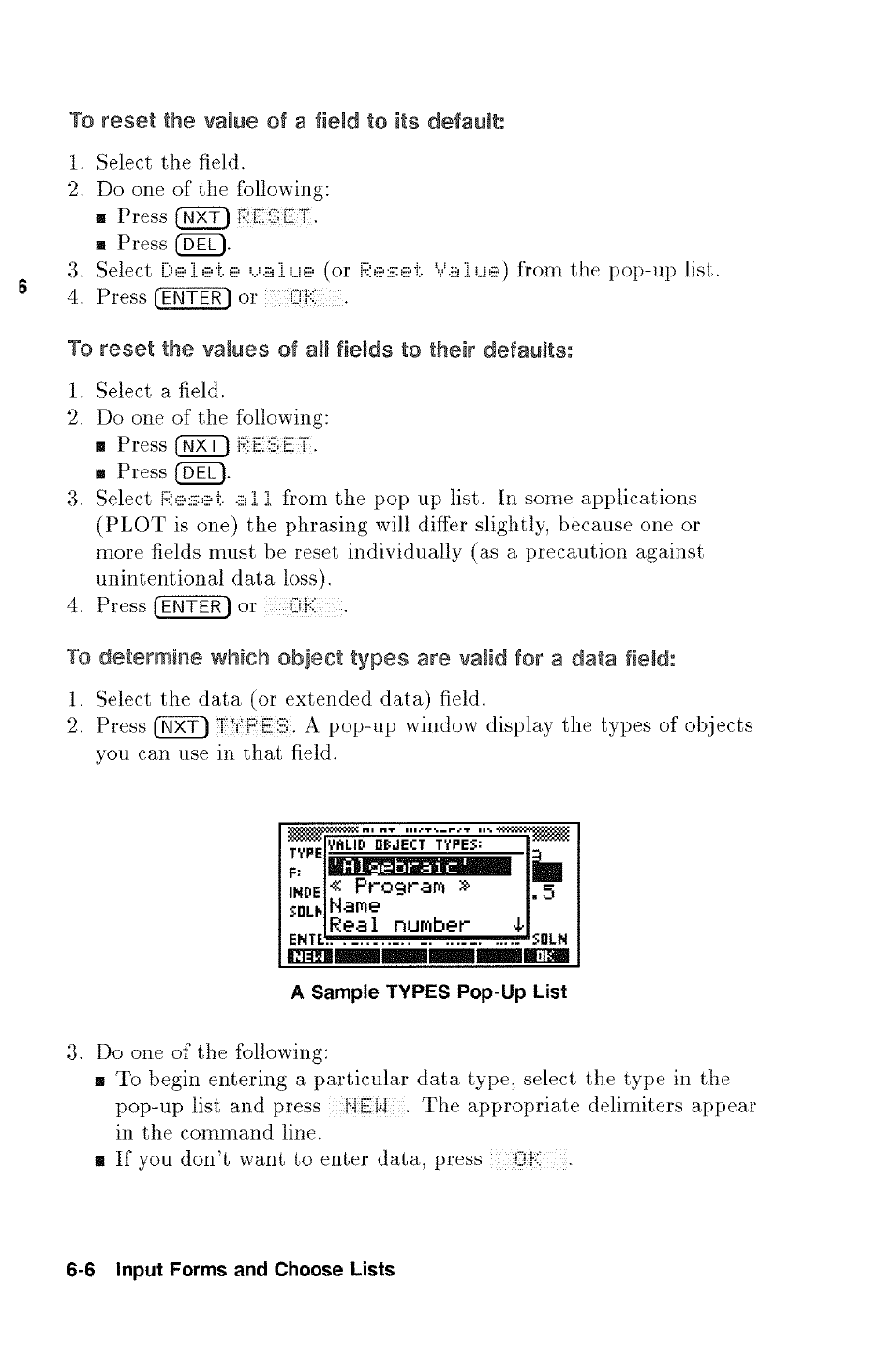 To reset the value of a field to its default, A sample types pop-up list | HP 48g Graphing Calculator User Manual | Page 84 / 612