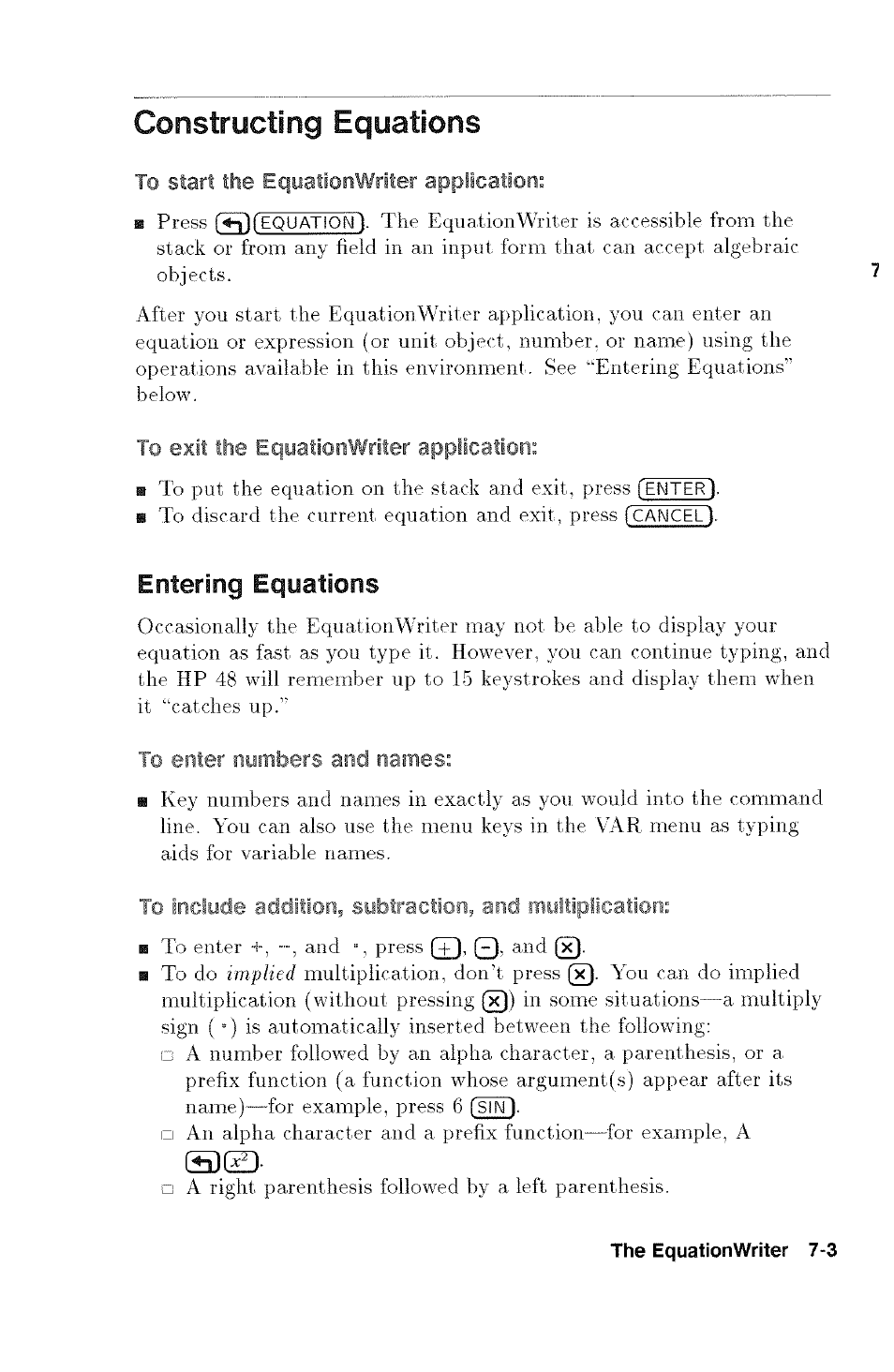 Constructing equations, To exit the equationwriter application, To enter numbers and names | Entering equations | HP 48g Graphing Calculator User Manual | Page 89 / 612