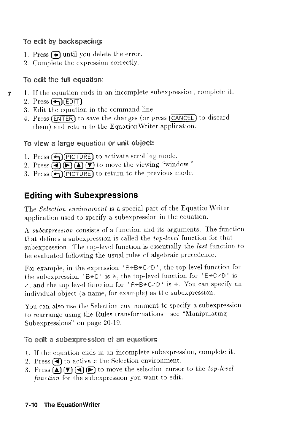 To view a large equation or unit object, To edit a subexpression of an equation, Editing with subexpressions | HP 48g Graphing Calculator User Manual | Page 96 / 612