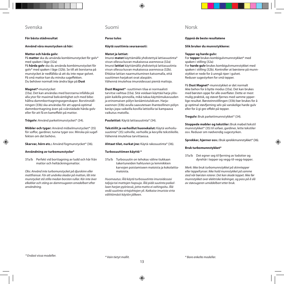 Svenska, Suomi, Norsk | AEG ASC6945 User Manual | Page 13 / 48