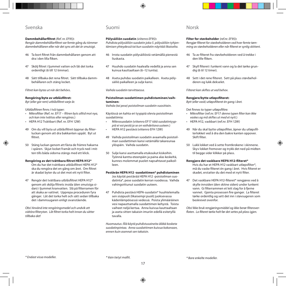 Svenska, Suomi, Norsk | AEG ASC6945 User Manual | Page 17 / 48