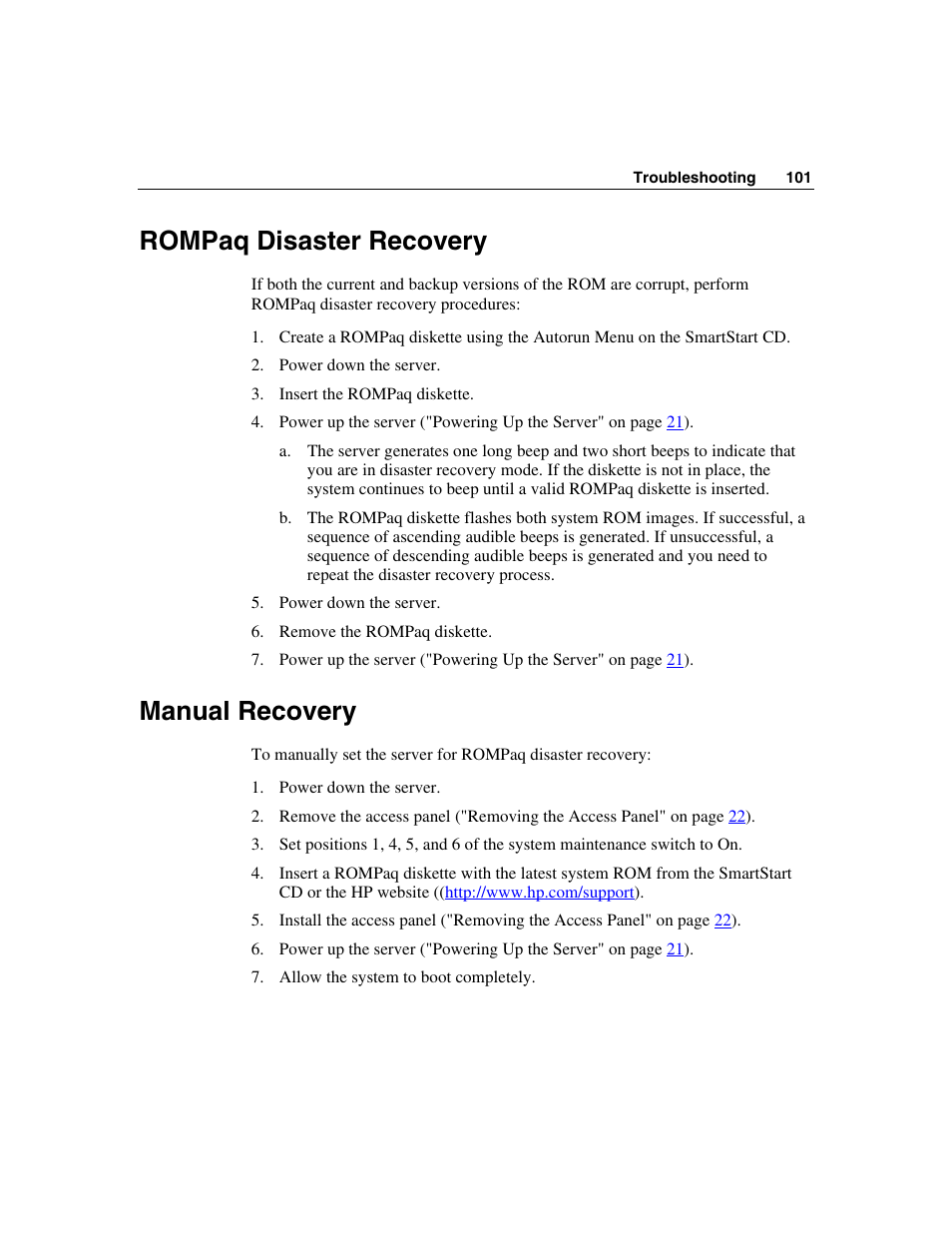 Rompaq disaster recovery, Manual recovery | HP ProLiant ML310 G2 Server User Manual | Page 101 / 124