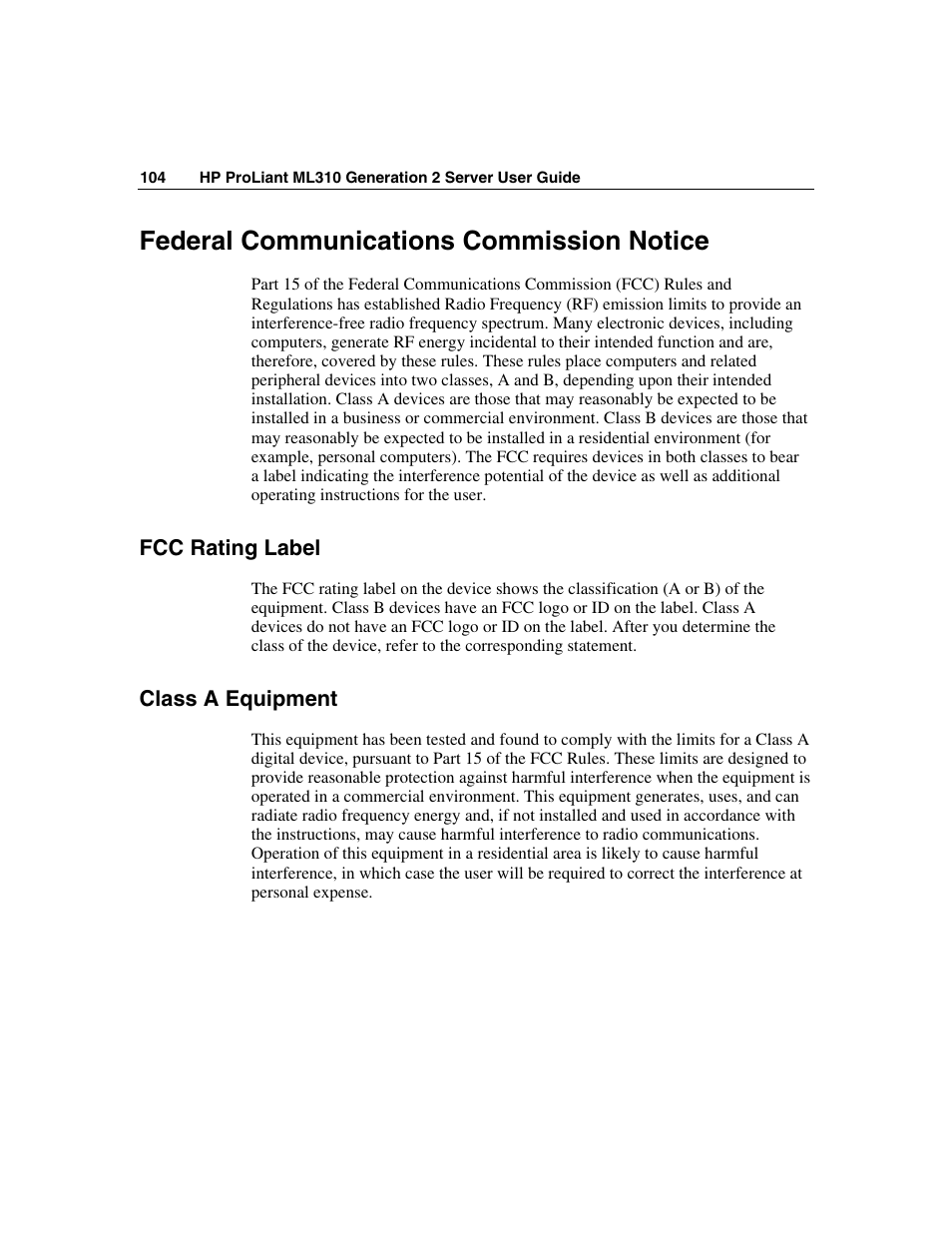 Federal communications commission notice, Fcc rating label, Class a equipment | HP ProLiant ML310 G2 Server User Manual | Page 104 / 124