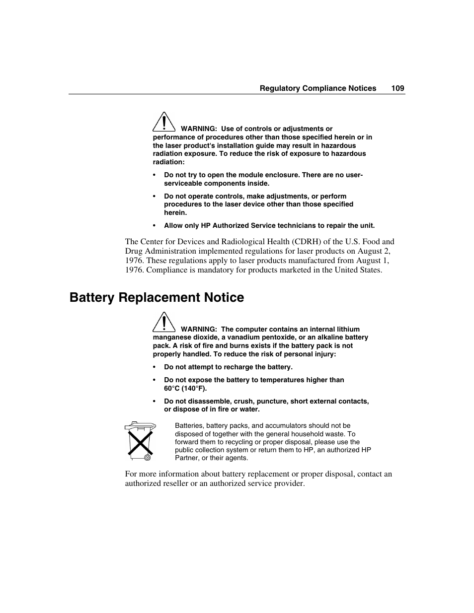 Battery replacement notice | HP ProLiant ML310 G2 Server User Manual | Page 109 / 124