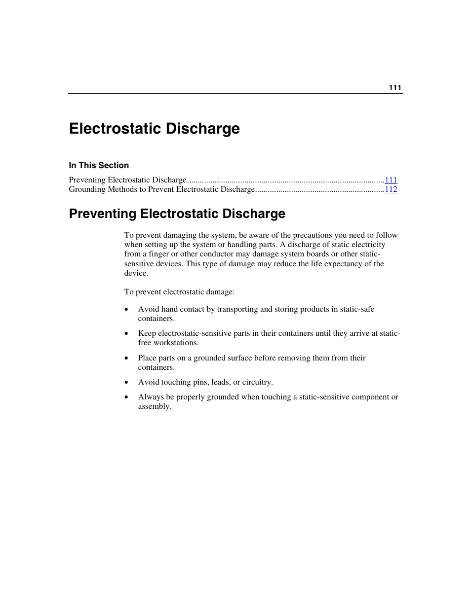 Electrostatic discharge, Preventing electrostatic discharge | HP ProLiant ML310 G2 Server User Manual | Page 111 / 124