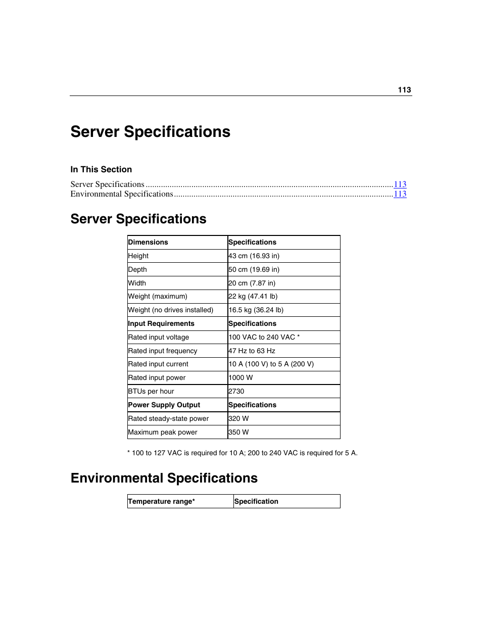 Server specifications, Environmental specifications, Environmental specifications" on | For ser | HP ProLiant ML310 G2 Server User Manual | Page 113 / 124