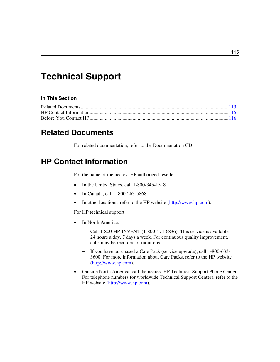 Technical support, Related documents, Hp contact information | HP ProLiant ML310 G2 Server User Manual | Page 115 / 124