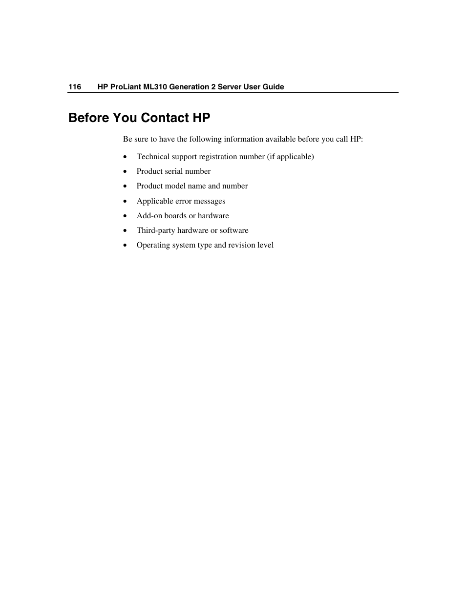 Before you contact hp | HP ProLiant ML310 G2 Server User Manual | Page 116 / 124