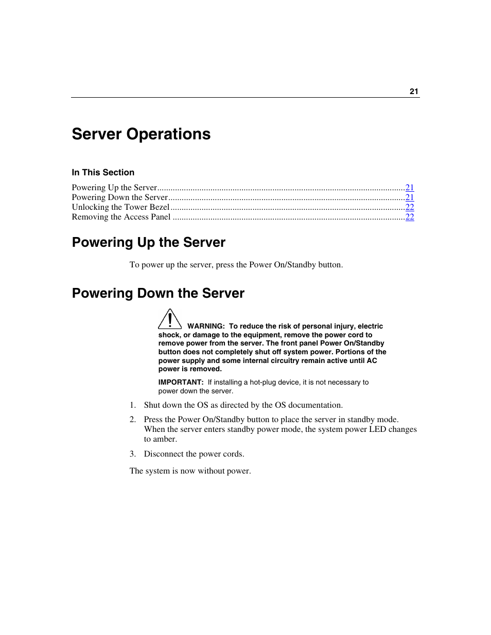 Server operations, Powering up the server, Powering down the server | HP ProLiant ML310 G2 Server User Manual | Page 21 / 124