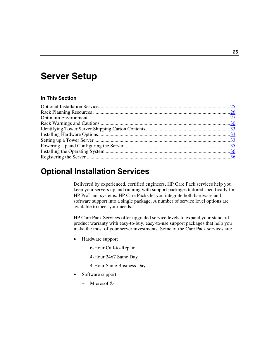 Server setup, Optional installation services | HP ProLiant ML310 G2 Server User Manual | Page 25 / 124