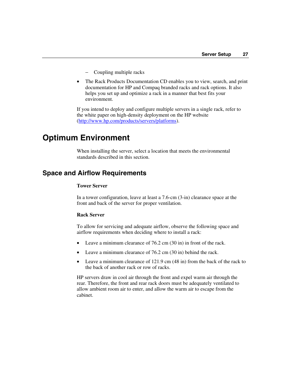 Optimum environment, Space and airflow requirements | HP ProLiant ML310 G2 Server User Manual | Page 27 / 124