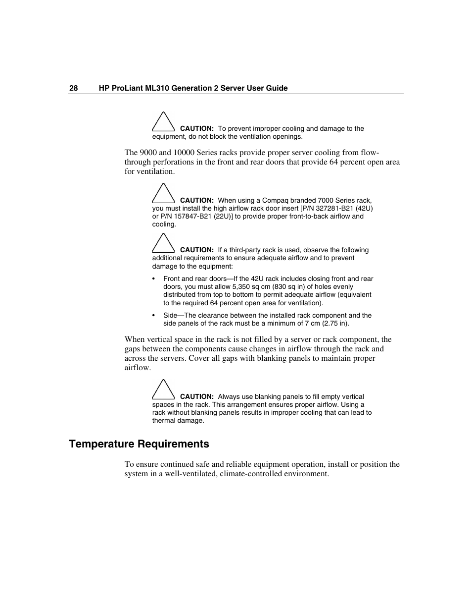 Temperature requirements | HP ProLiant ML310 G2 Server User Manual | Page 28 / 124