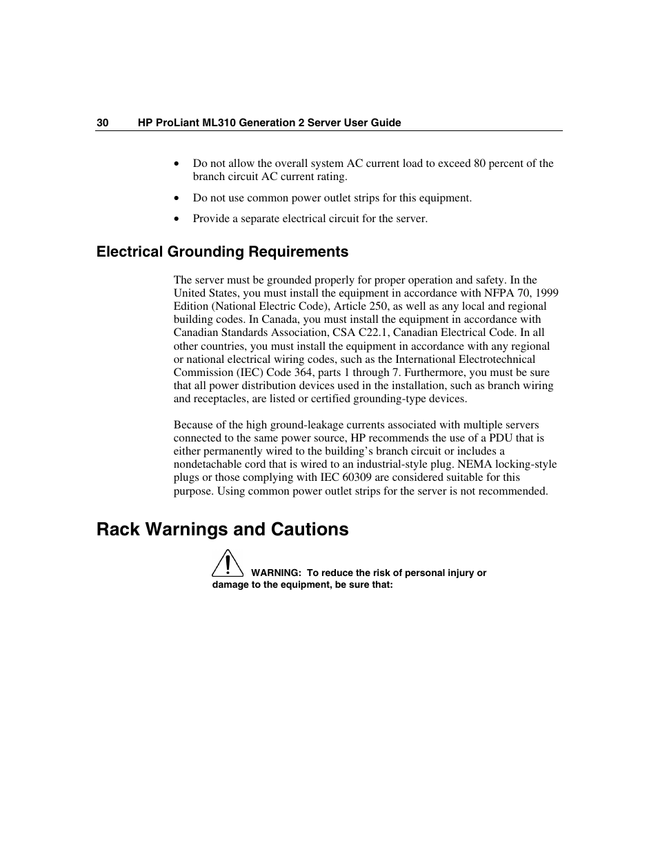 Electrical grounding requirements, Rack warnings and cautions | HP ProLiant ML310 G2 Server User Manual | Page 30 / 124