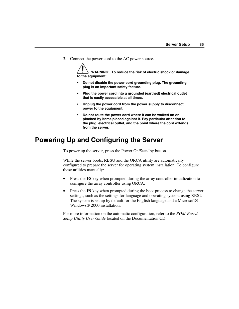 Powering up and configuring the server | HP ProLiant ML310 G2 Server User Manual | Page 35 / 124