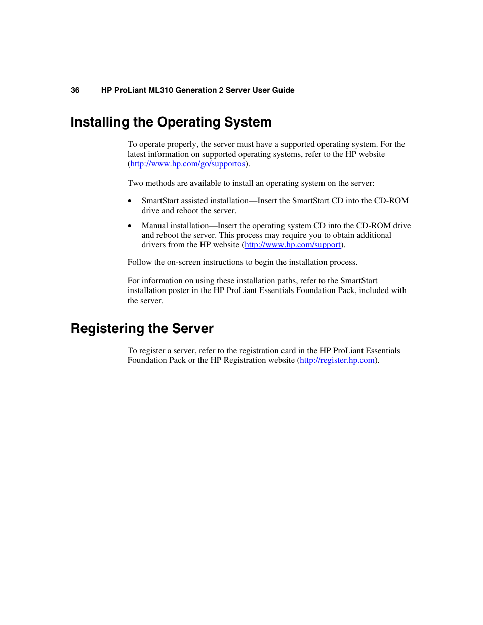 Installing the operating system, Registering the server | HP ProLiant ML310 G2 Server User Manual | Page 36 / 124