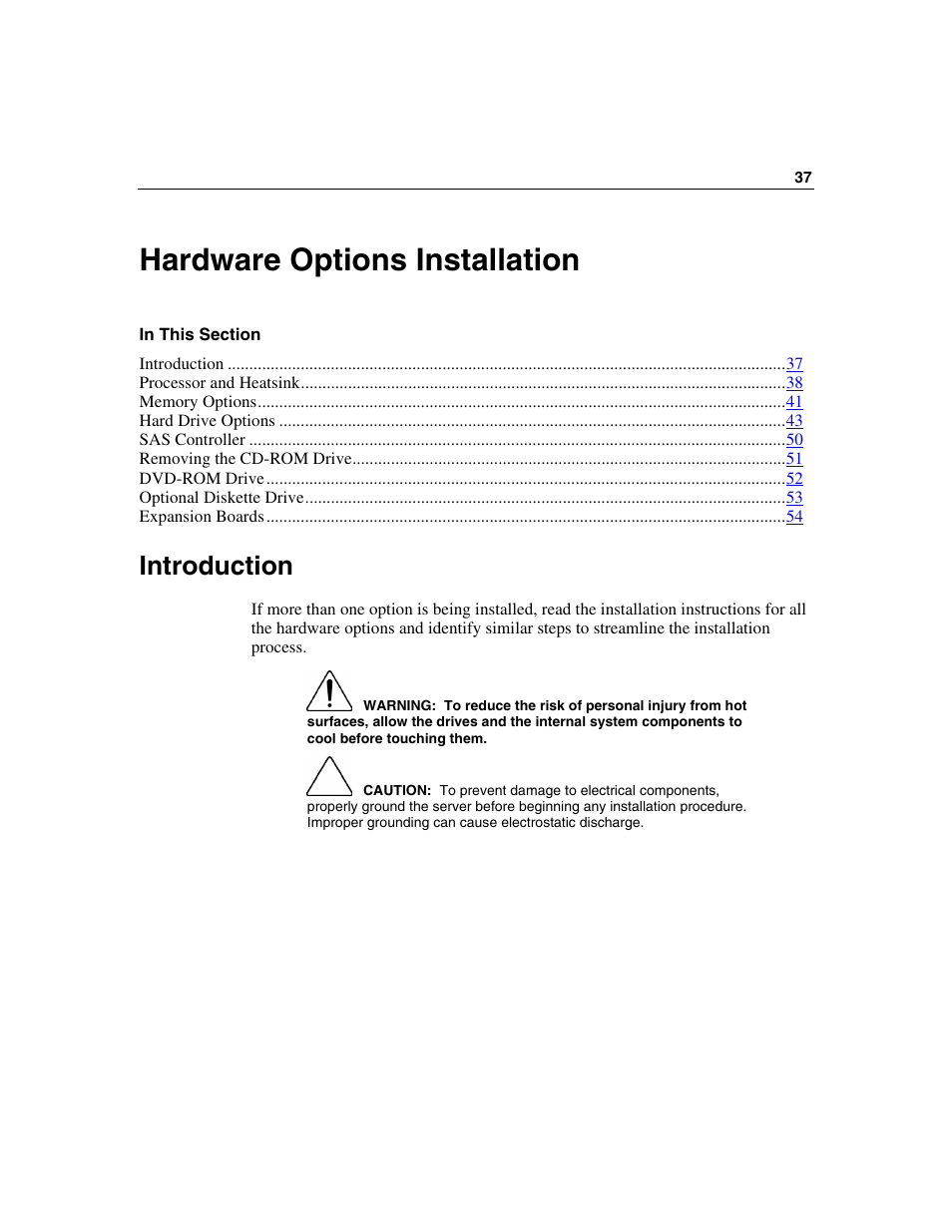 Hardware options installation, Introduction | HP ProLiant ML310 G2 Server User Manual | Page 37 / 124