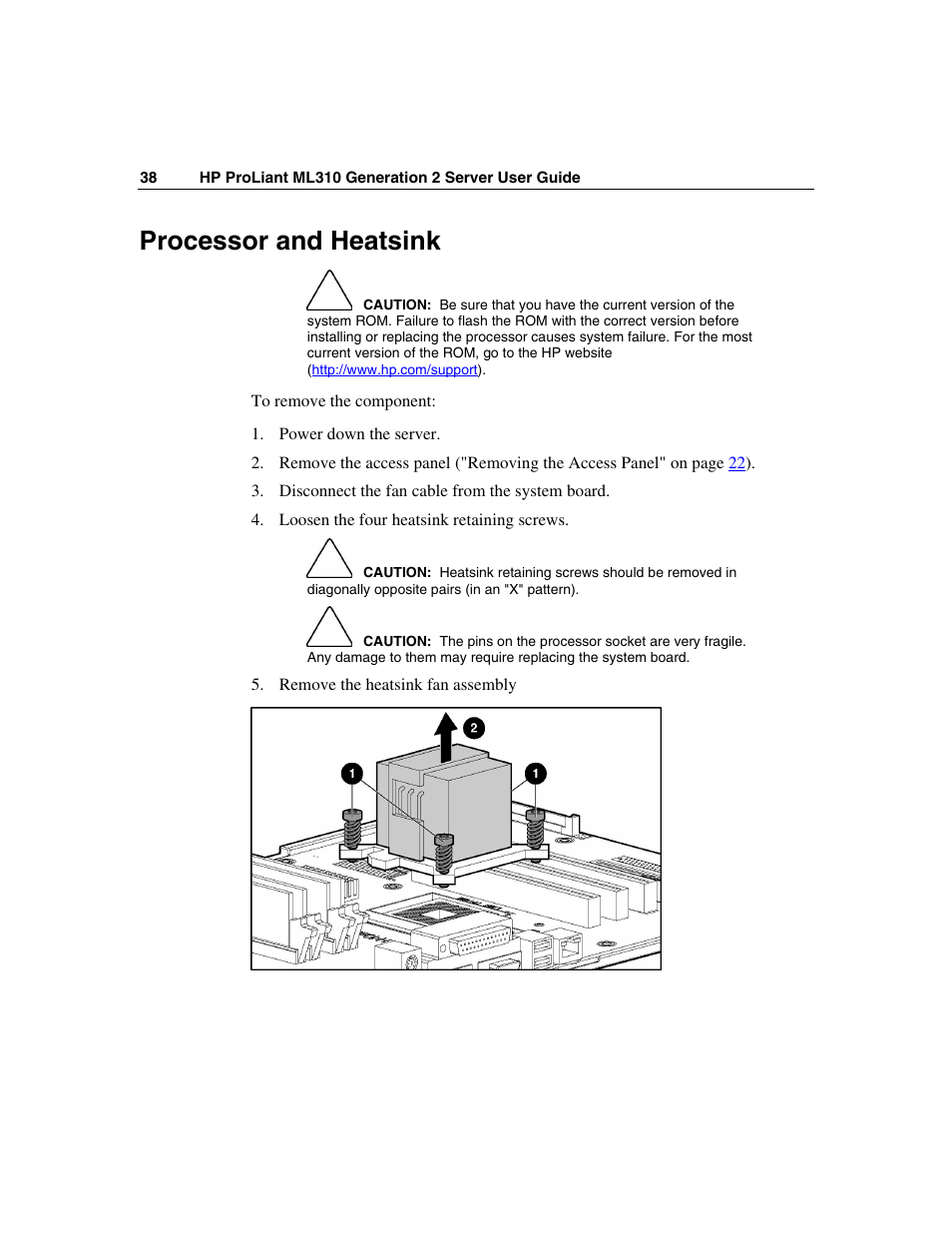 Processor and heatsink | HP ProLiant ML310 G2 Server User Manual | Page 38 / 124