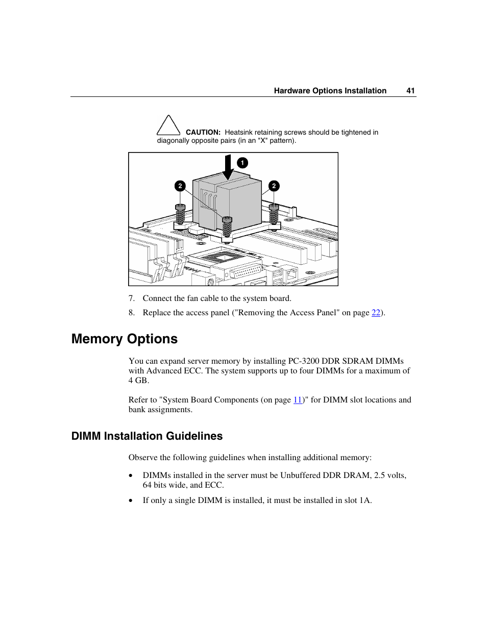 Memory options, Dimm installation guidelines | HP ProLiant ML310 G2 Server User Manual | Page 41 / 124