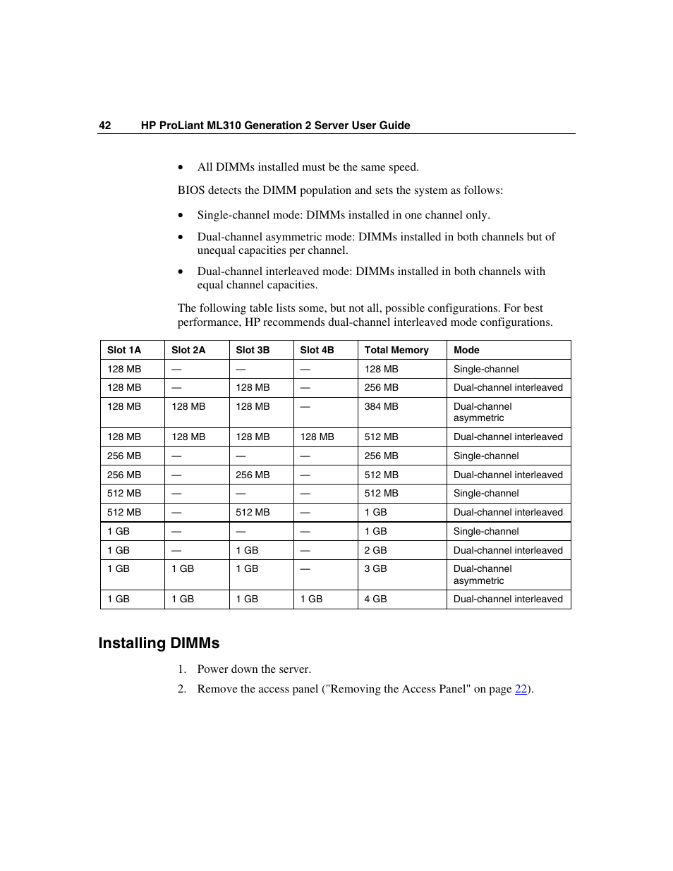 Installing dimms | HP ProLiant ML310 G2 Server User Manual | Page 42 / 124