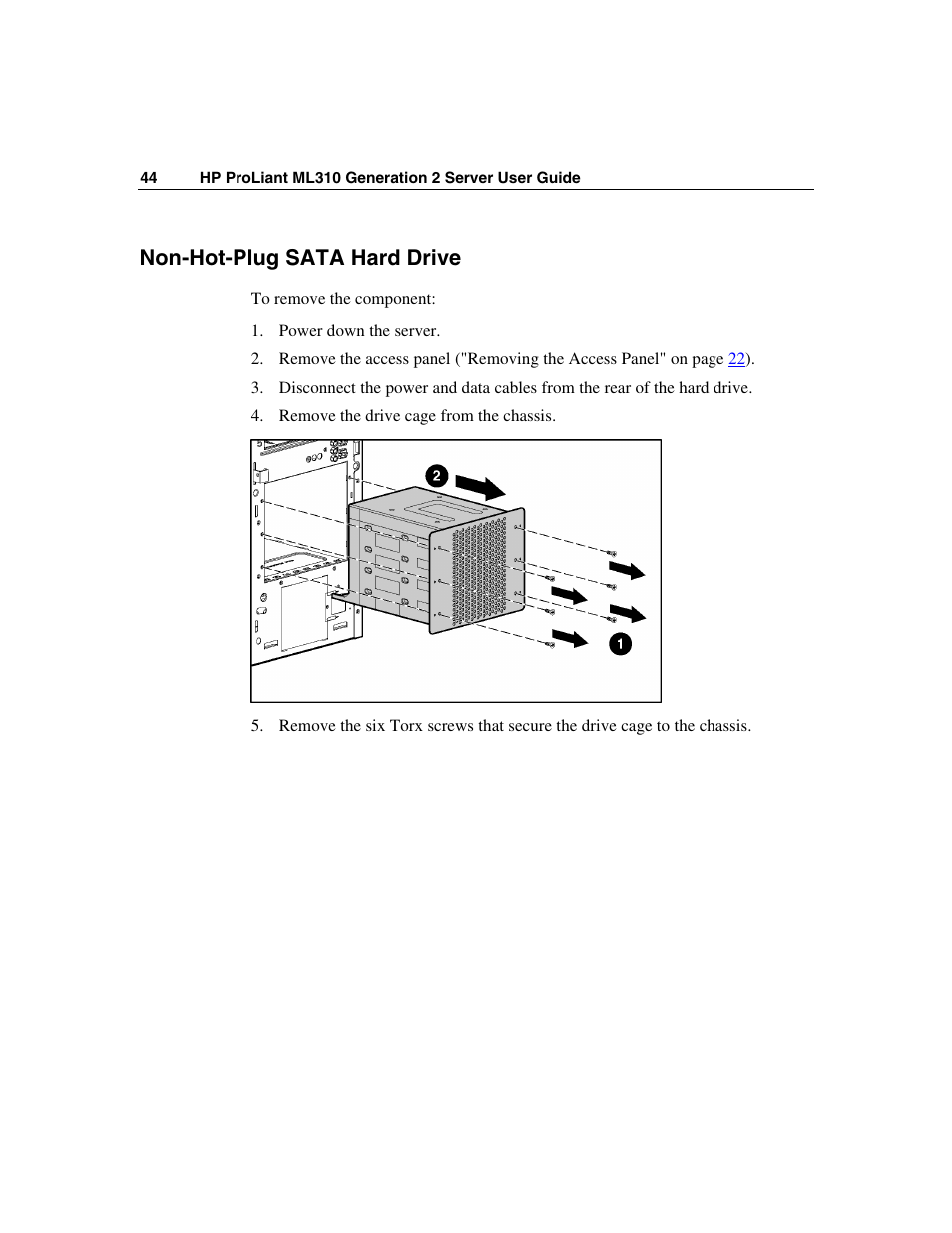 Non-hot-plug sata hard drive | HP ProLiant ML310 G2 Server User Manual | Page 44 / 124