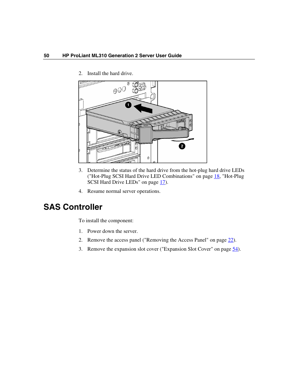 Sas controller, Controller ("sas controller | HP ProLiant ML310 G2 Server User Manual | Page 50 / 124