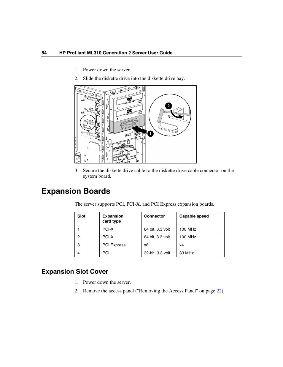 Expansion boards, Expansion slot cover | HP ProLiant ML310 G2 Server User Manual | Page 54 / 124