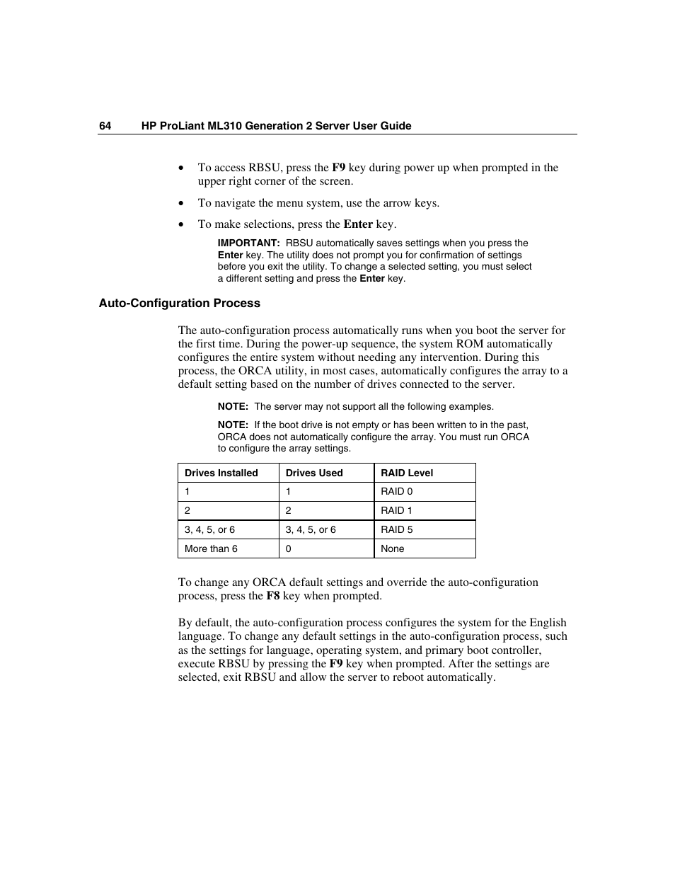 Auto-configuration process | HP ProLiant ML310 G2 Server User Manual | Page 64 / 124