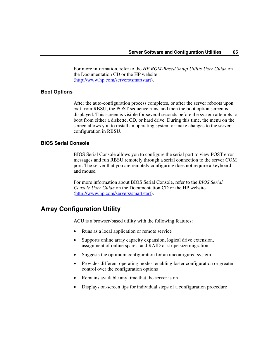 Boot options, Bios serial console, Array configuration utility | Array | HP ProLiant ML310 G2 Server User Manual | Page 65 / 124