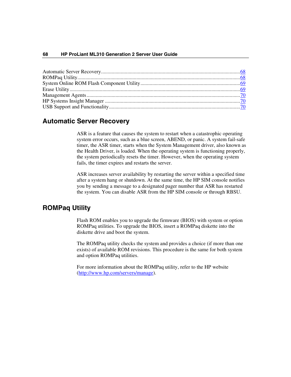 Automatic server recovery, Rompaq utility | HP ProLiant ML310 G2 Server User Manual | Page 68 / 124