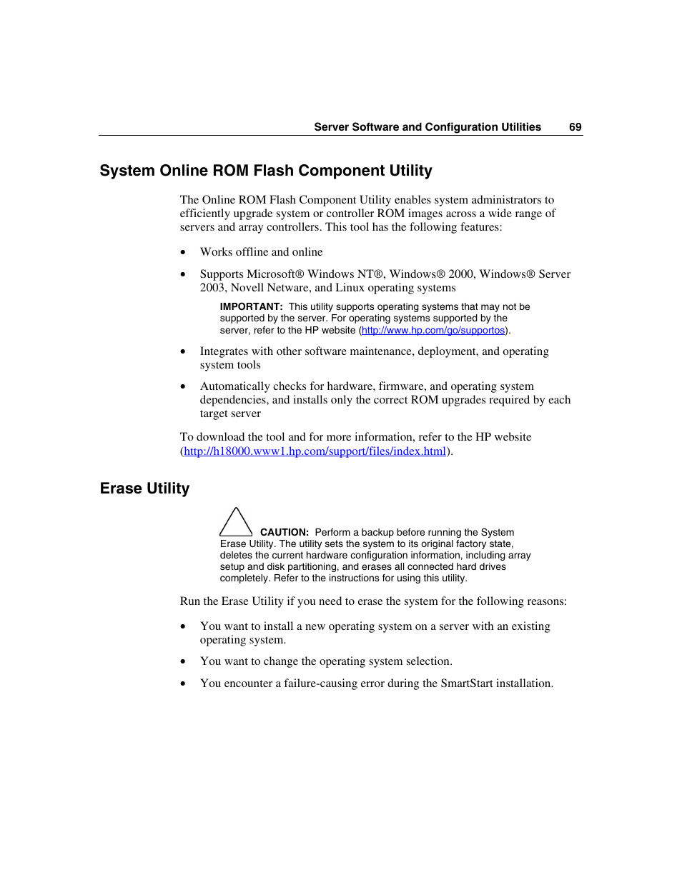 System online rom flash component utility, Erase utility | HP ProLiant ML310 G2 Server User Manual | Page 69 / 124