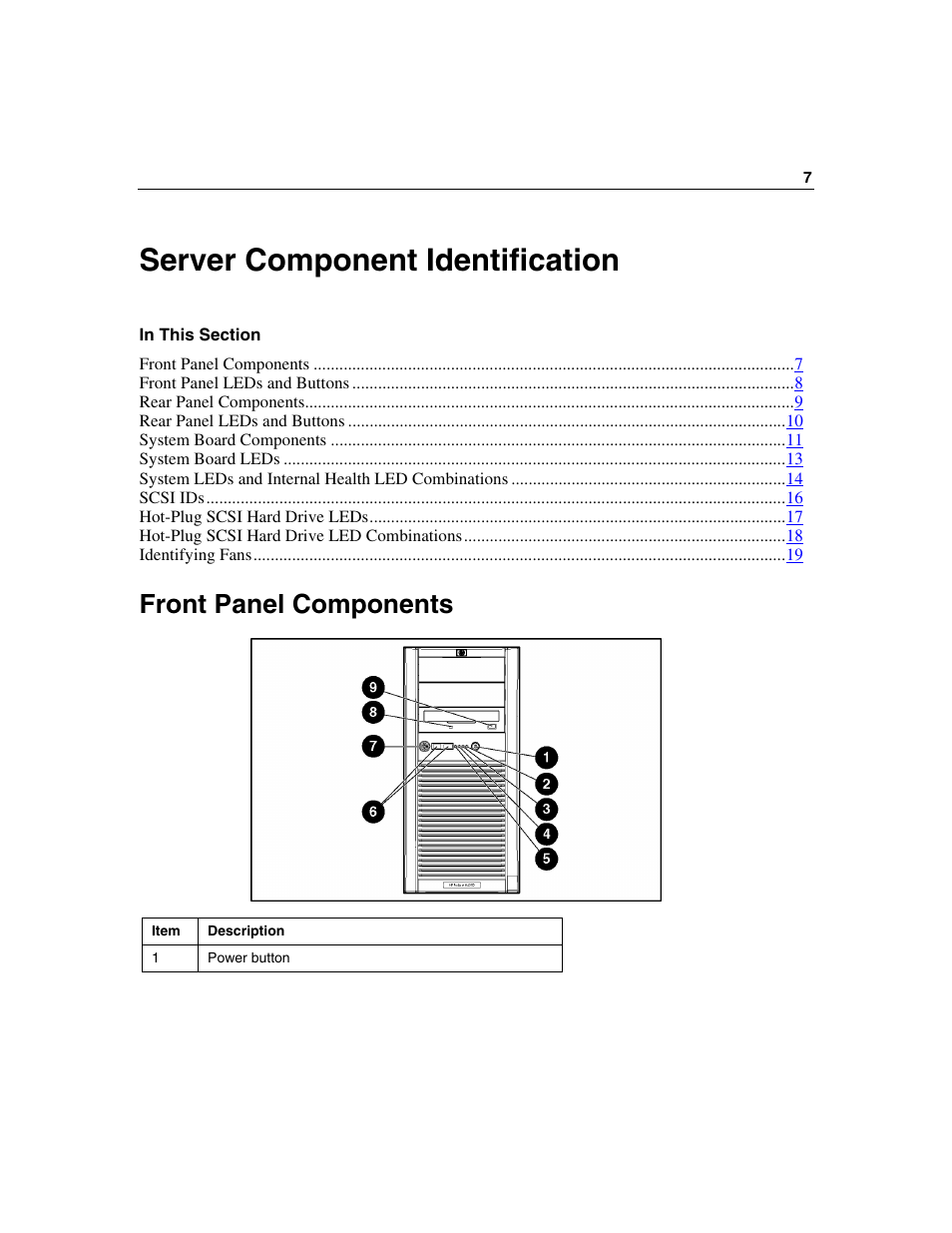 Server component identification, Front panel components | HP ProLiant ML310 G2 Server User Manual | Page 7 / 124