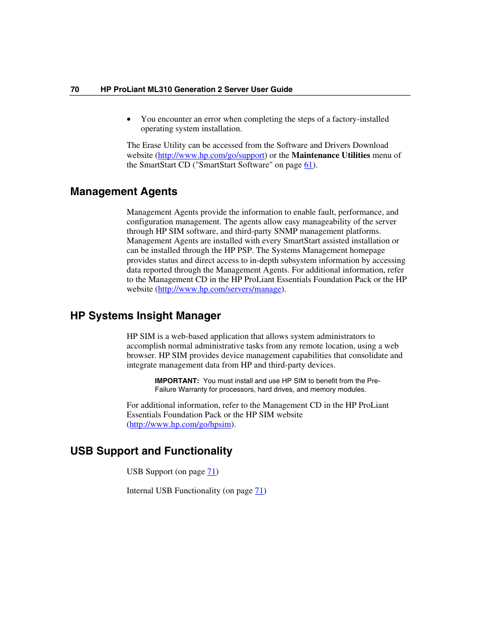 Management agents, Hp systems insight manager, Usb support and functionality | HP ProLiant ML310 G2 Server User Manual | Page 70 / 124