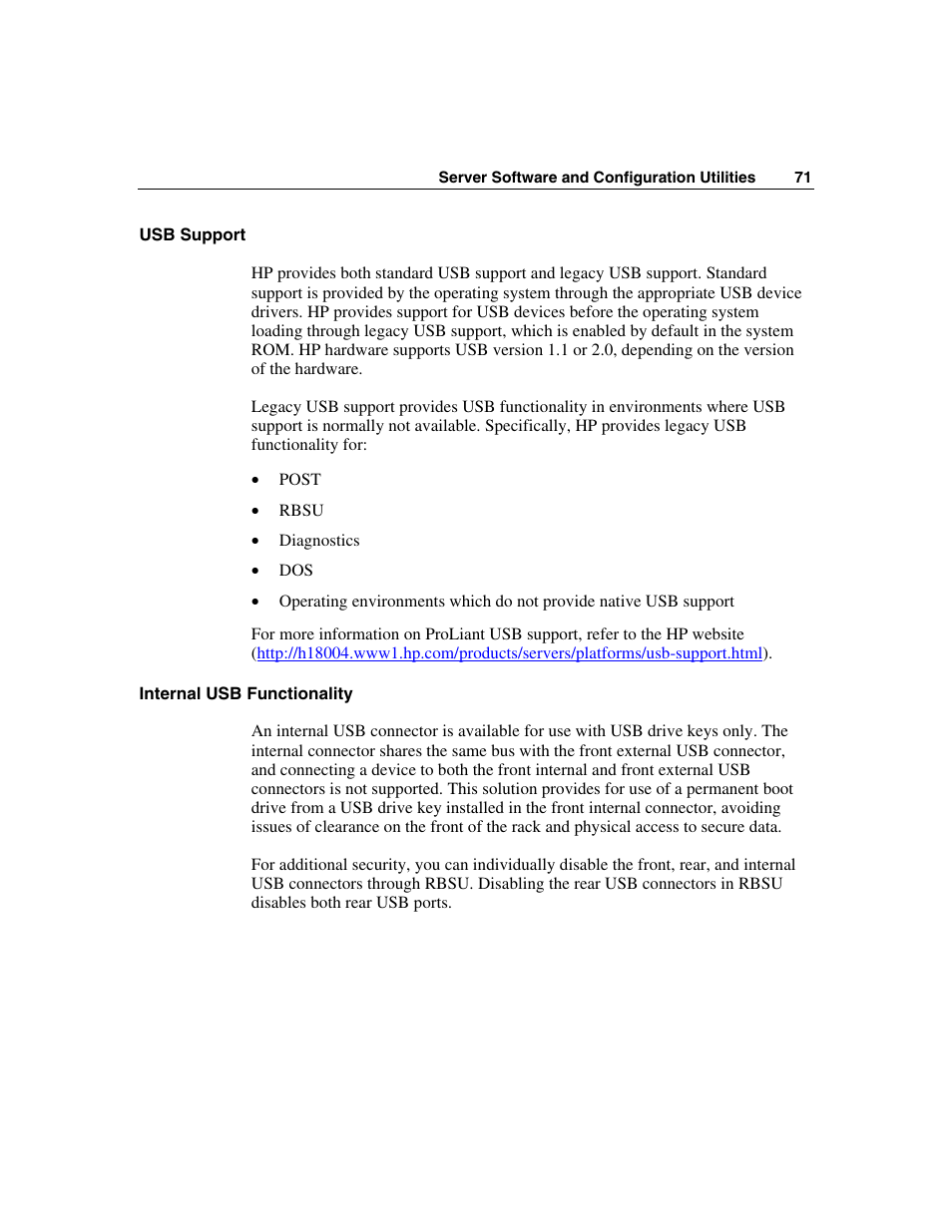 Usb support, Internal usb functionality | HP ProLiant ML310 G2 Server User Manual | Page 71 / 124