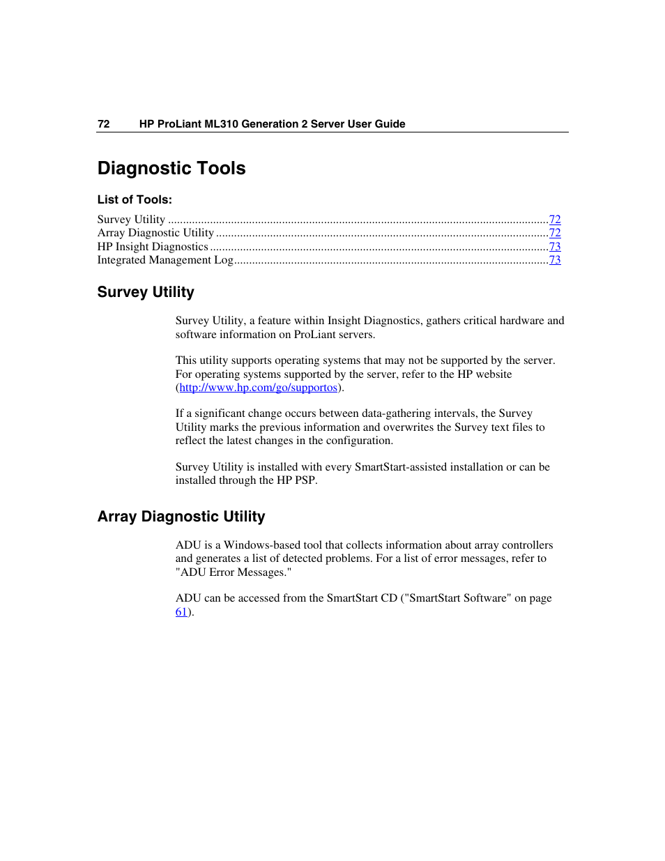 Diagnostic tools, Survey utility, Array diagnostic utility | And e | HP ProLiant ML310 G2 Server User Manual | Page 72 / 124