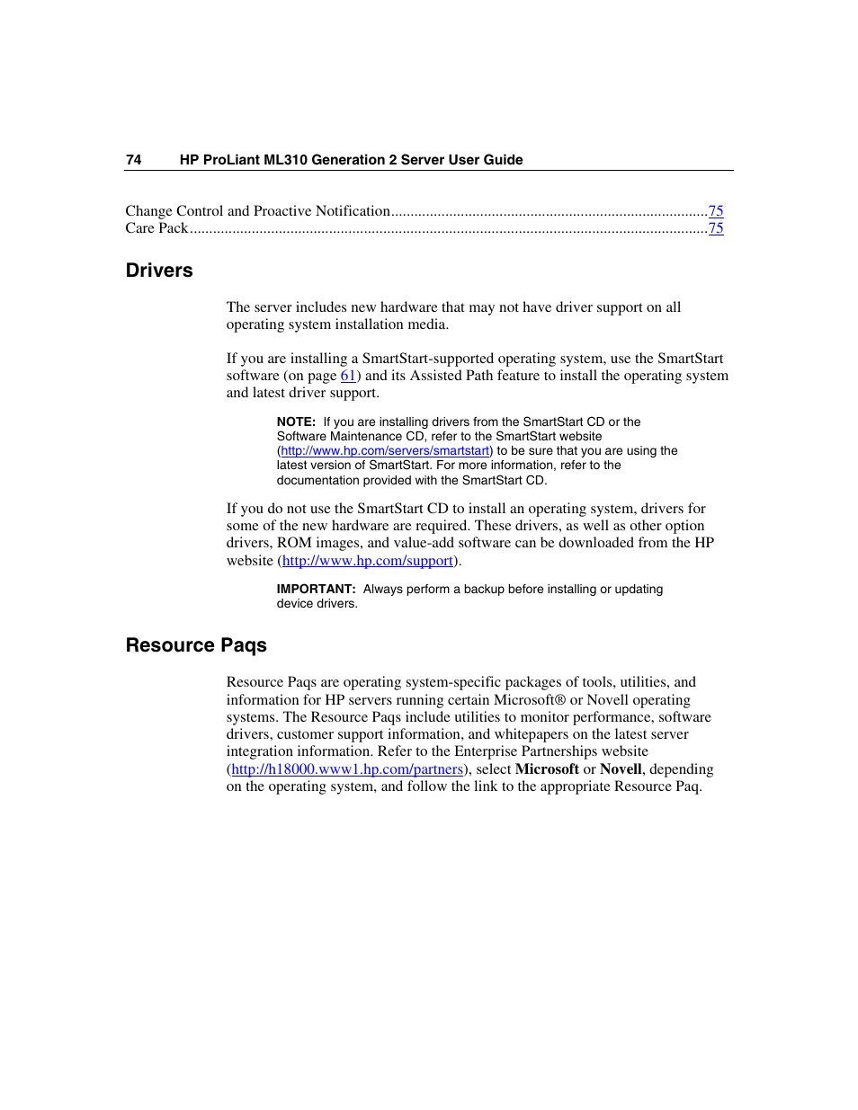 Drivers, Resource paqs | HP ProLiant ML310 G2 Server User Manual | Page 74 / 124