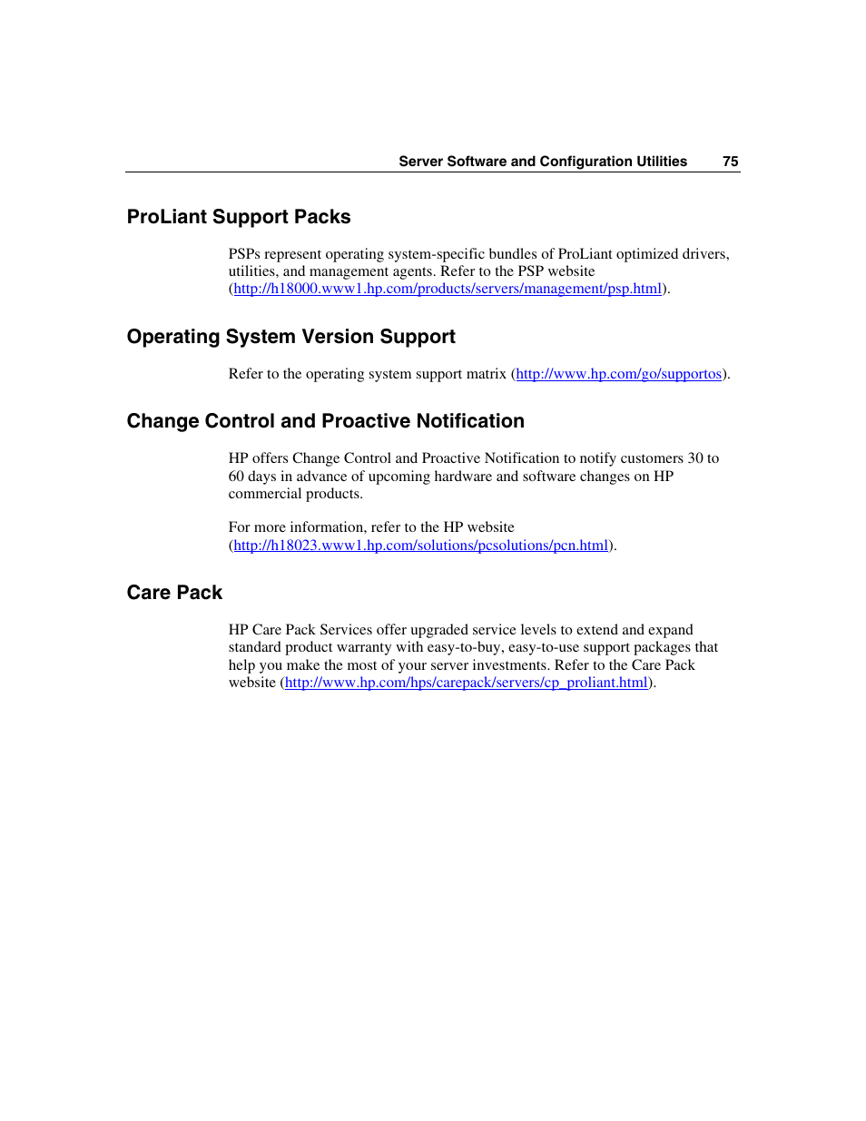 Proliant support packs, Operating system version support, Change control and proactive notification | Care pack | HP ProLiant ML310 G2 Server User Manual | Page 75 / 124