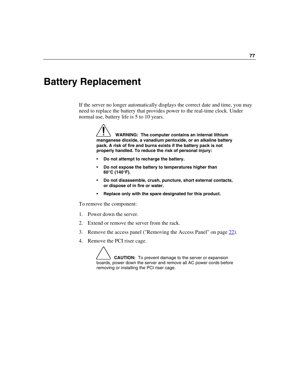 Battery replacement | HP ProLiant ML310 G2 Server User Manual | Page 77 / 124