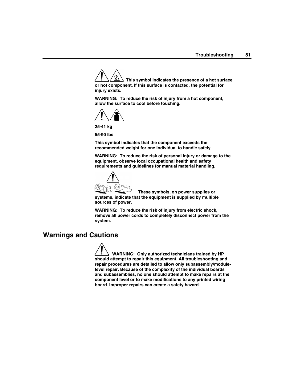 Warnings and cautions | HP ProLiant ML310 G2 Server User Manual | Page 81 / 124