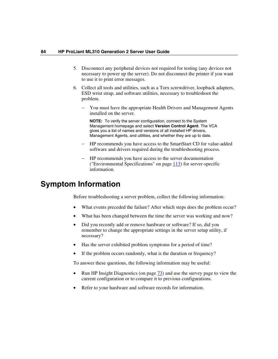 Symptom information | HP ProLiant ML310 G2 Server User Manual | Page 84 / 124