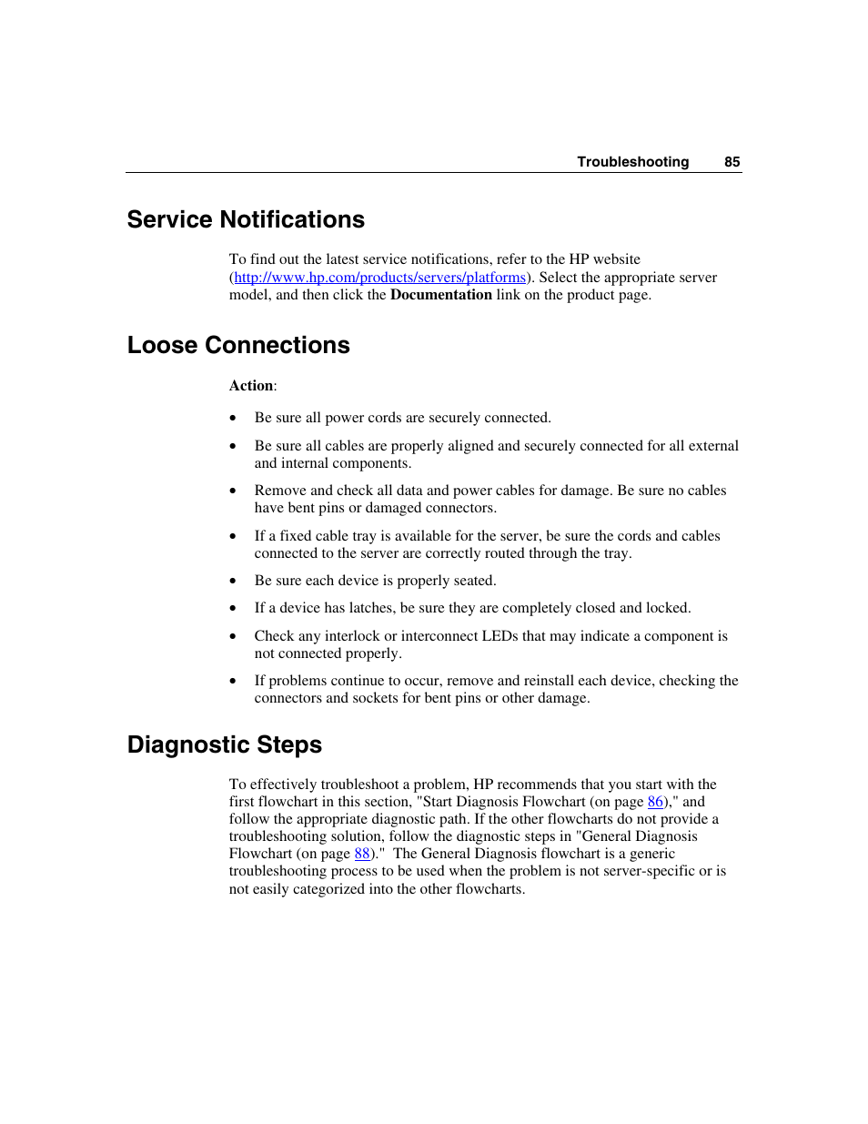 Service notifications, Loose connections, Diagnostic steps | HP ProLiant ML310 G2 Server User Manual | Page 85 / 124