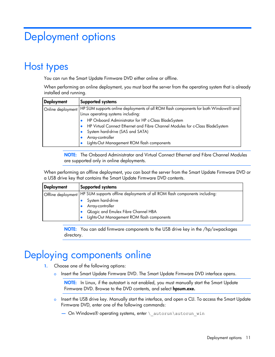 Deployment options, Host types, Deploying components online | HP SmartStart-Software User Manual | Page 11 / 59