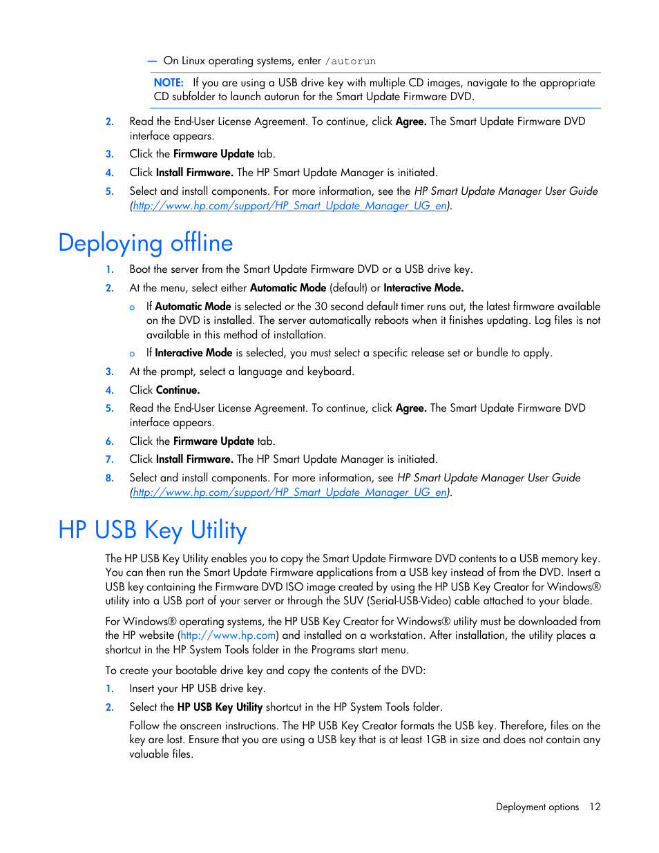 Deploying offline, Hp usb key utility | HP SmartStart-Software User Manual | Page 12 / 59