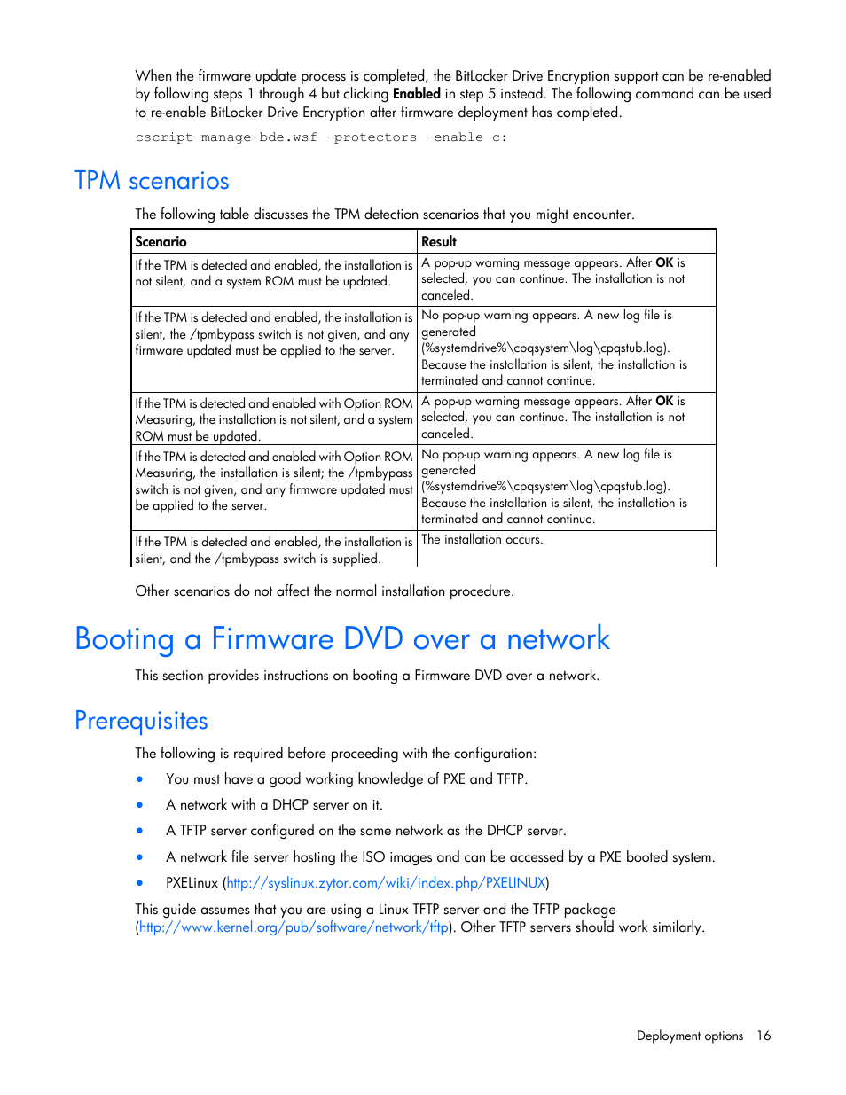 Tpm scenarios, Booting a firmware dvd over a network, Prerequisites | HP SmartStart-Software User Manual | Page 16 / 59