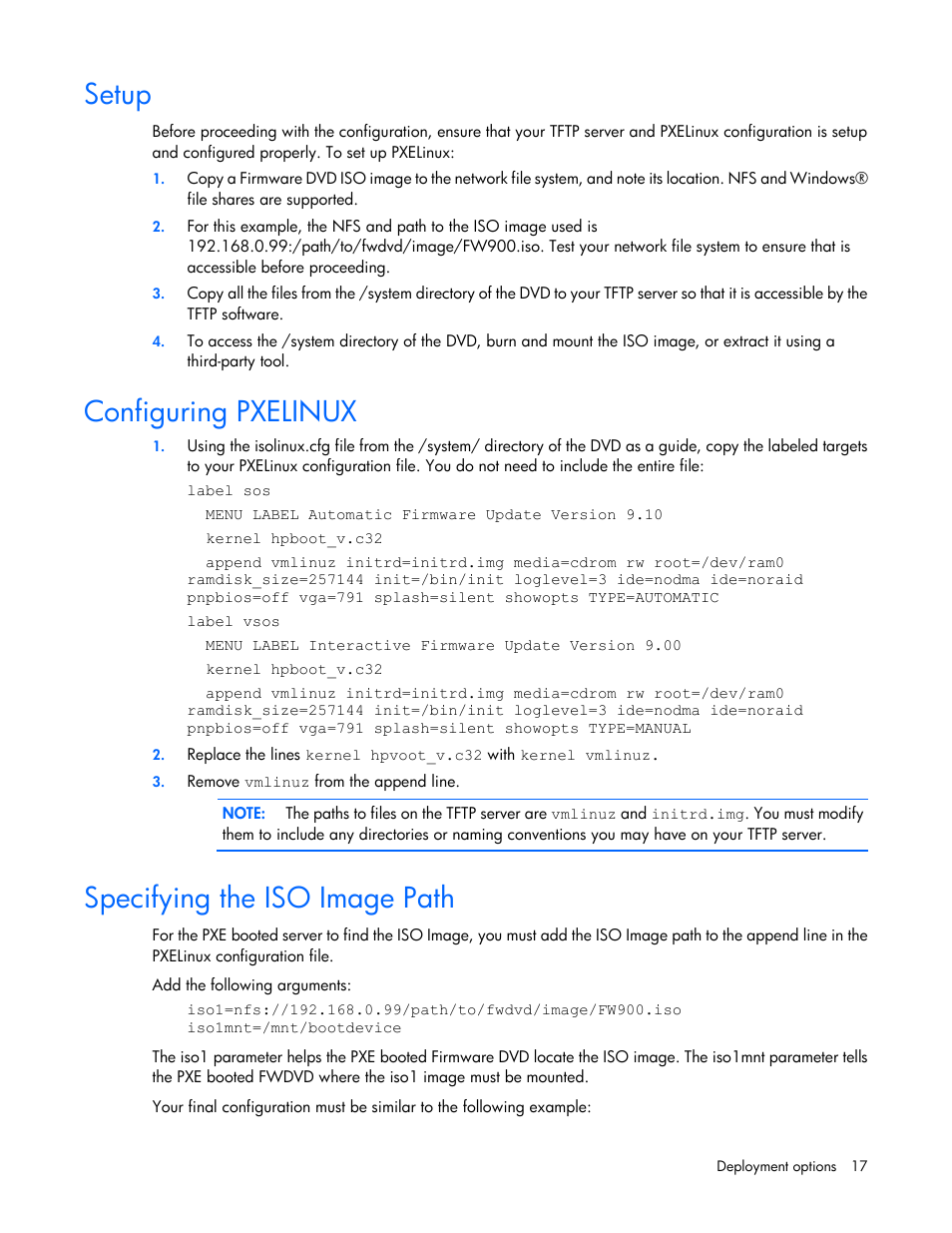 Setup, Configuring pxelinux, Specifying the iso image path | HP SmartStart-Software User Manual | Page 17 / 59