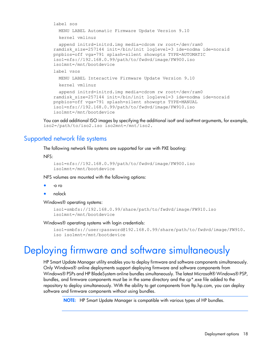 Supported network file systems, Deploying firmware and software simultaneously | HP SmartStart-Software User Manual | Page 18 / 59