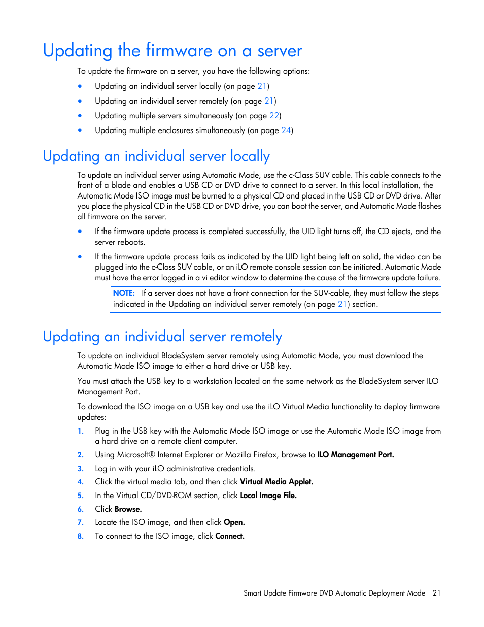 Updating the firmware on a server, Updating an individual server locally, Updating an individual server remotely | HP SmartStart-Software User Manual | Page 21 / 59