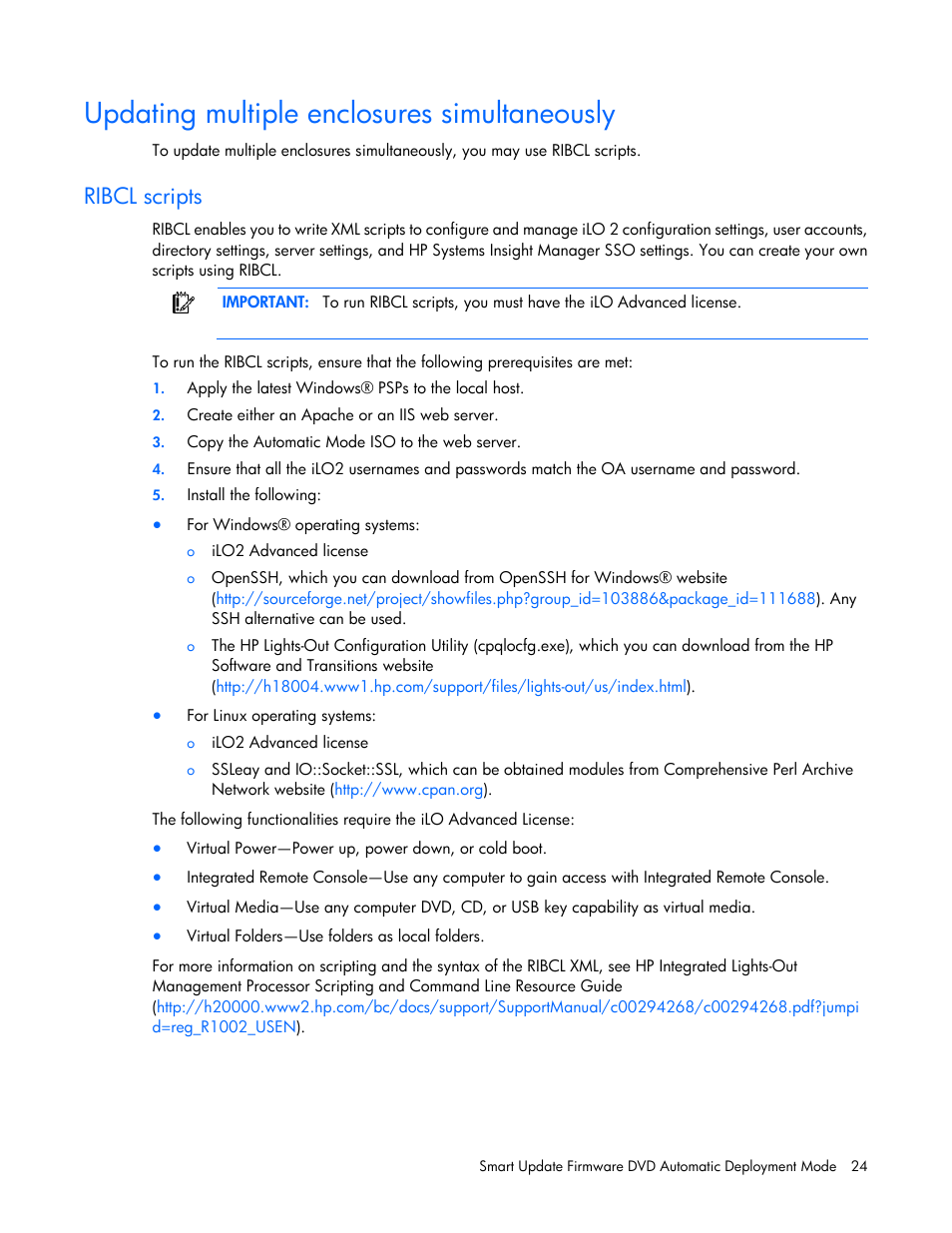 Updating multiple enclosures simultaneously, Ribcl scripts | HP SmartStart-Software User Manual | Page 24 / 59