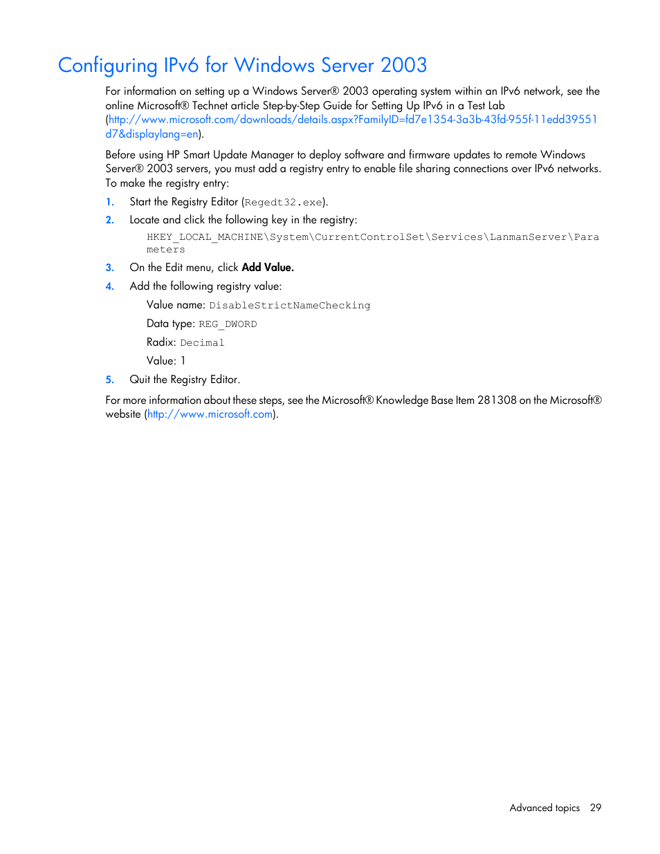 Configuring ipv6 for windows server 2003 | HP SmartStart-Software User Manual | Page 29 / 59